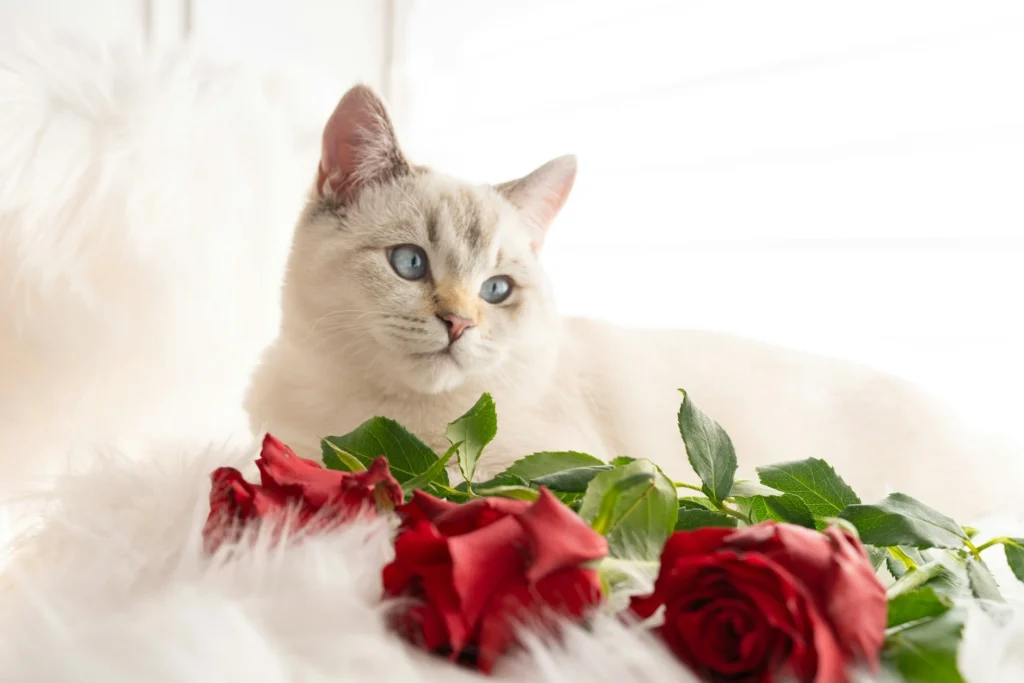 A white cat lying on a white blanket behind a bouquet of red roses.